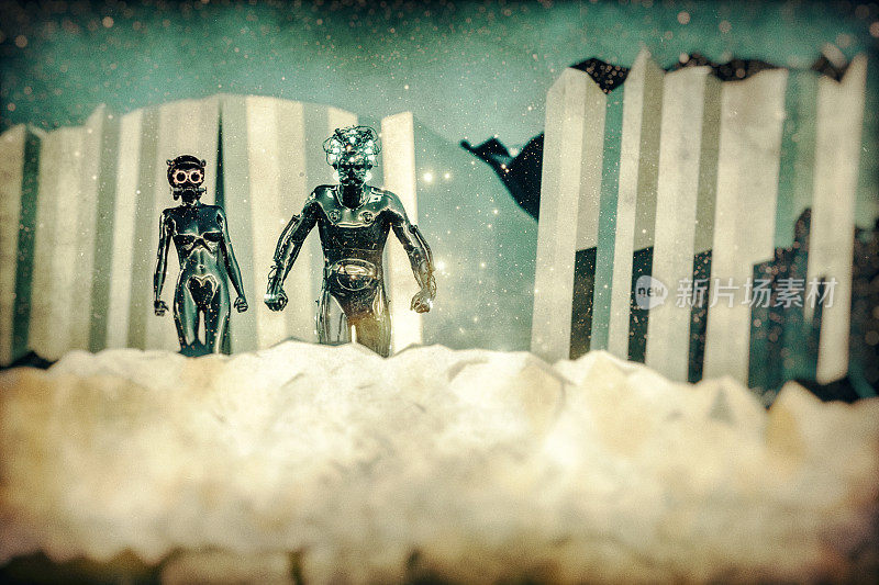 Retro futuristic alien couple on a distant planet